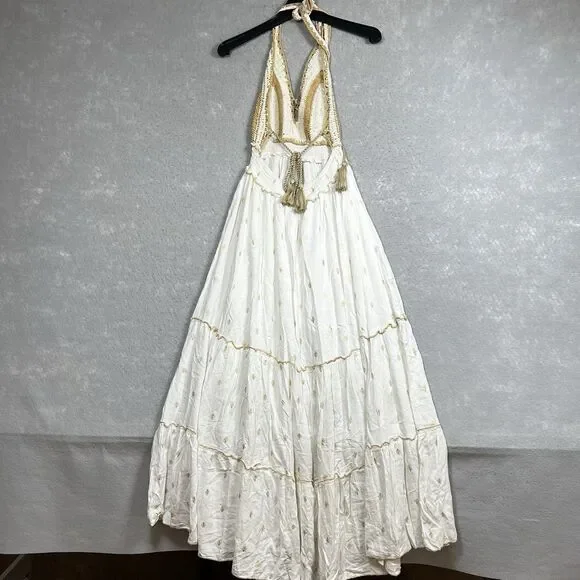 Zury Maxi Dress V-neck Caftan White BOHO Paisley Embroidered Women’s Free Size - Picture 7 of 10